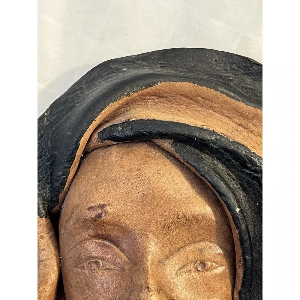 Face Mask Molded Sculpture Handmade Wall Hanging Decor VTG Genuine Leather 9 X 6